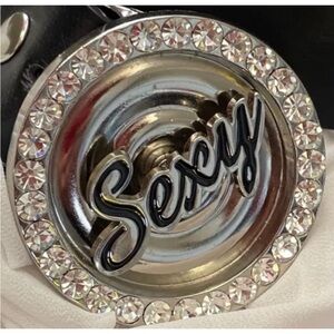Vintage SEXY Rhinestone Bling Spinner Chrome Belt Buckle Black Belt